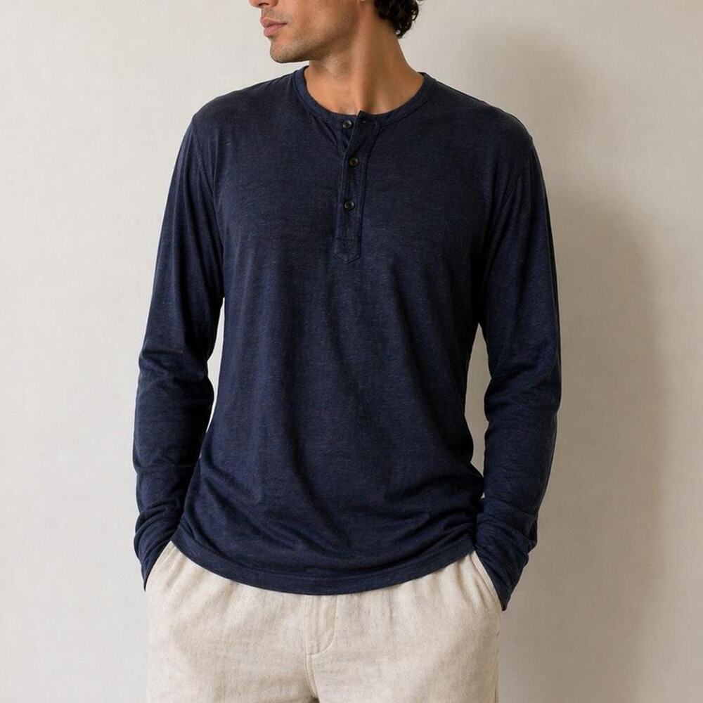 Ermenegildo Zegna 100% Linen Men's XL Navy Henley Long Sleeve Top $950 Retail